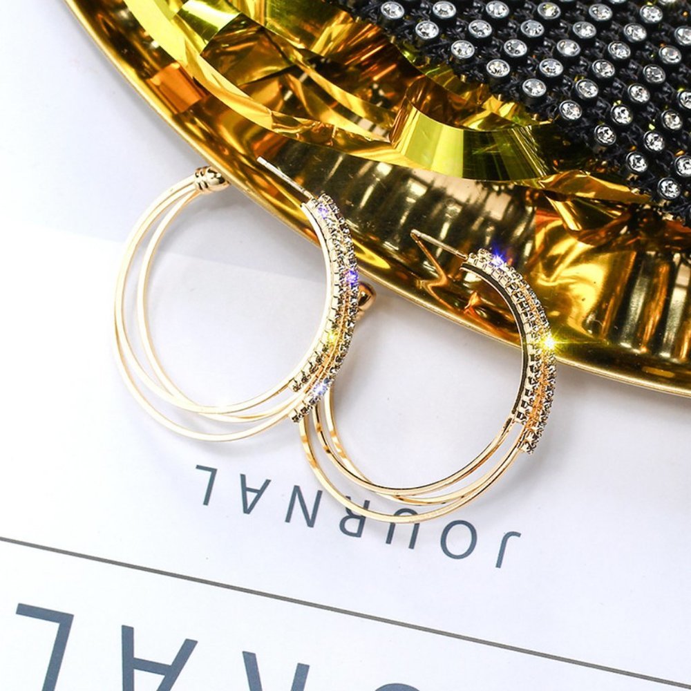 NEW 1.75'' Gold Round Diamond Triple Layer Hoop - Picture 7 of 8
